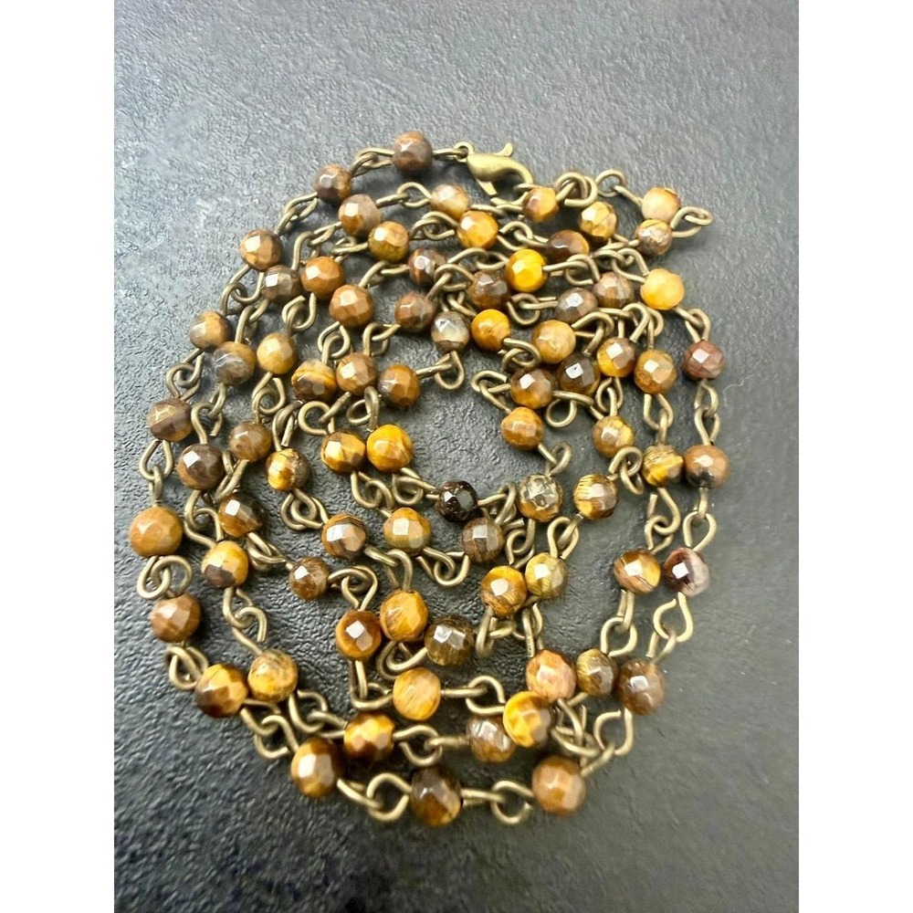 Tiger Eye Faceted Bead Necklace Brown Stone Linked Chain Boho Strand